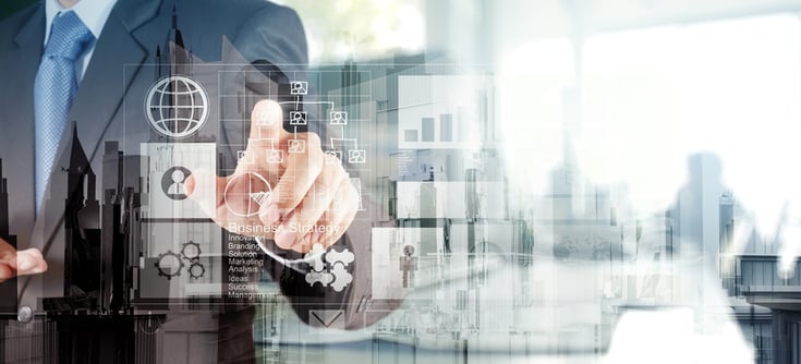 Double exposure of  businessman hand working with new modern computer and business strategy as concept-1